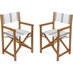 JONATHAN Y DRC1000A-SET2 Cukor Classic Vintage Outdoor Acacia Wood Folding Director Chair with Canvas Seat Mid-Century, Modern, Traditional, Bohemian, Coastal, Minimalist, Gray/Teak Brown (Set of 2)(White/Black Stripe/Teak Brown)