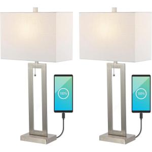 JONATHAN Y JYL1126B-SET2 Sabrina 28.5″ Vintage Industrial Iron LED Table Lamp with Pull-Chain and USB Charging Port Mid-Century, Minimalist Bedside Desk Nightstand Lamp, Nickel (Set of 2)(Nickel)