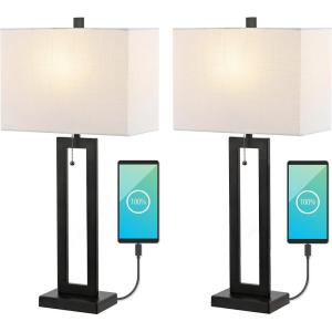 JONATHAN Y JYL1126B-SET2 Sabrina 28.5″ Vintage Industrial Iron LED Table Lamp with Pull-Chain and USB Charging Port Mid-Century, Minimalist Bedside Desk Nightstand Lamp, Nickel (Set of 2)(Black)