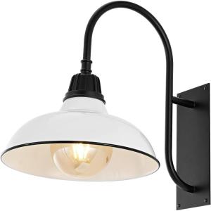 JONATHAN Y JYL7614B Stanley 12.25″ 1-Light Farmhouse Industrial Indoor/Outdoor Iron LED Gooseneck Arm Outdoor Sconce Metal Bowl Shade Vintage Cottage Rustic Porch Patio Yard Barn, Black(White/Black)