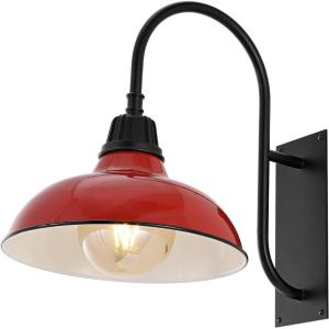 JONATHAN Y JYL7614B Stanley 12.25″ 1-Light Farmhouse Industrial Indoor/Outdoor Iron LED Gooseneck Arm Outdoor Sconce Metal Bowl Shade Vintage Cottage Rustic Porch Patio Yard Barn, Black(Red/Black)