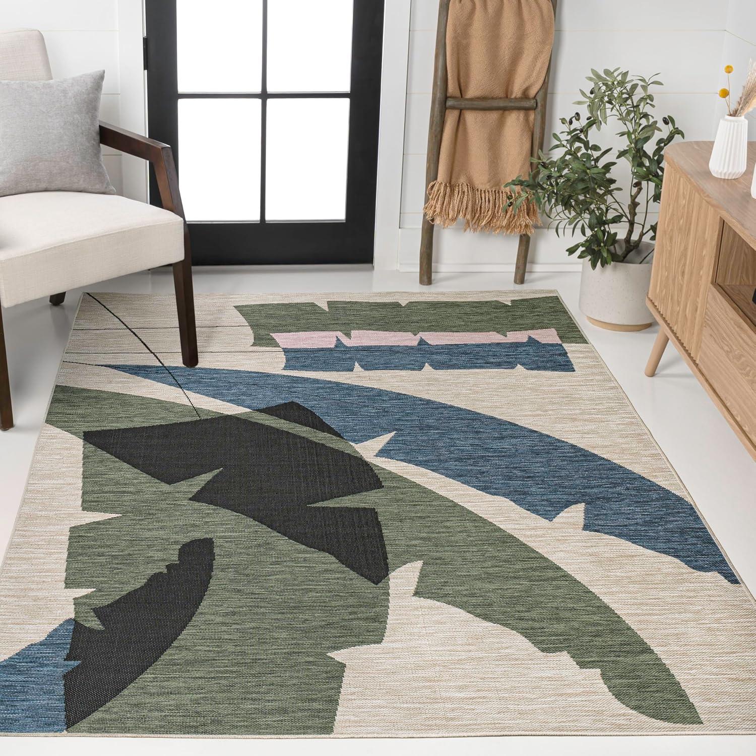 imageJONATHAN Y Abstract Palm Leaf Indoor Outdoor Area Rug 8X10 GreenCream Shelby Coastal Vintage for Backyard Patio Porch EasyCleaning High Traffic PetFriendly NonShedding TSN403B8NavyCream