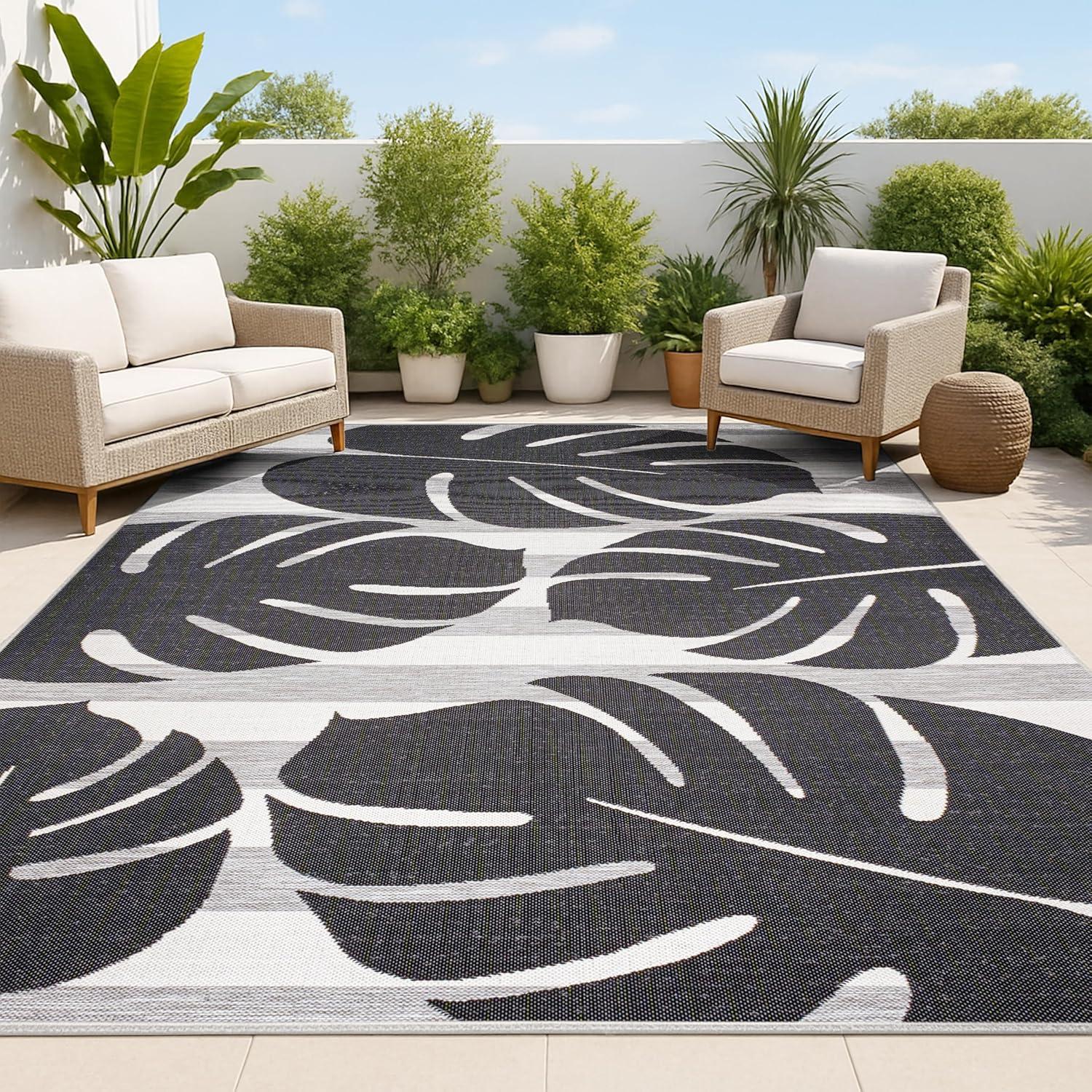 imageJONATHAN Y Beach Stripe and Monstera Leaf Indoor Outdoor Area Rug 8X10 BlackGray Allison Classic for Backyard Patio Porch EasyCleaning High Traffic PetFriendly NonShedding TSN400B8BlackGray