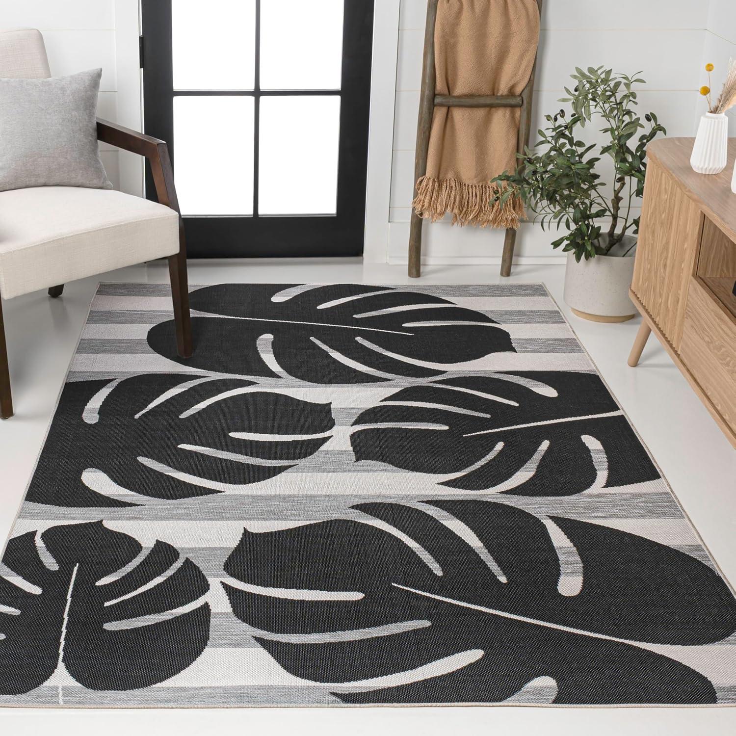 imageJONATHAN Y Beach Stripe and Monstera Leaf Indoor Outdoor Area Rug 8X10 BlackGray Allison Classic for Backyard Patio Porch EasyCleaning High Traffic PetFriendly NonShedding TSN400B8BlackGray