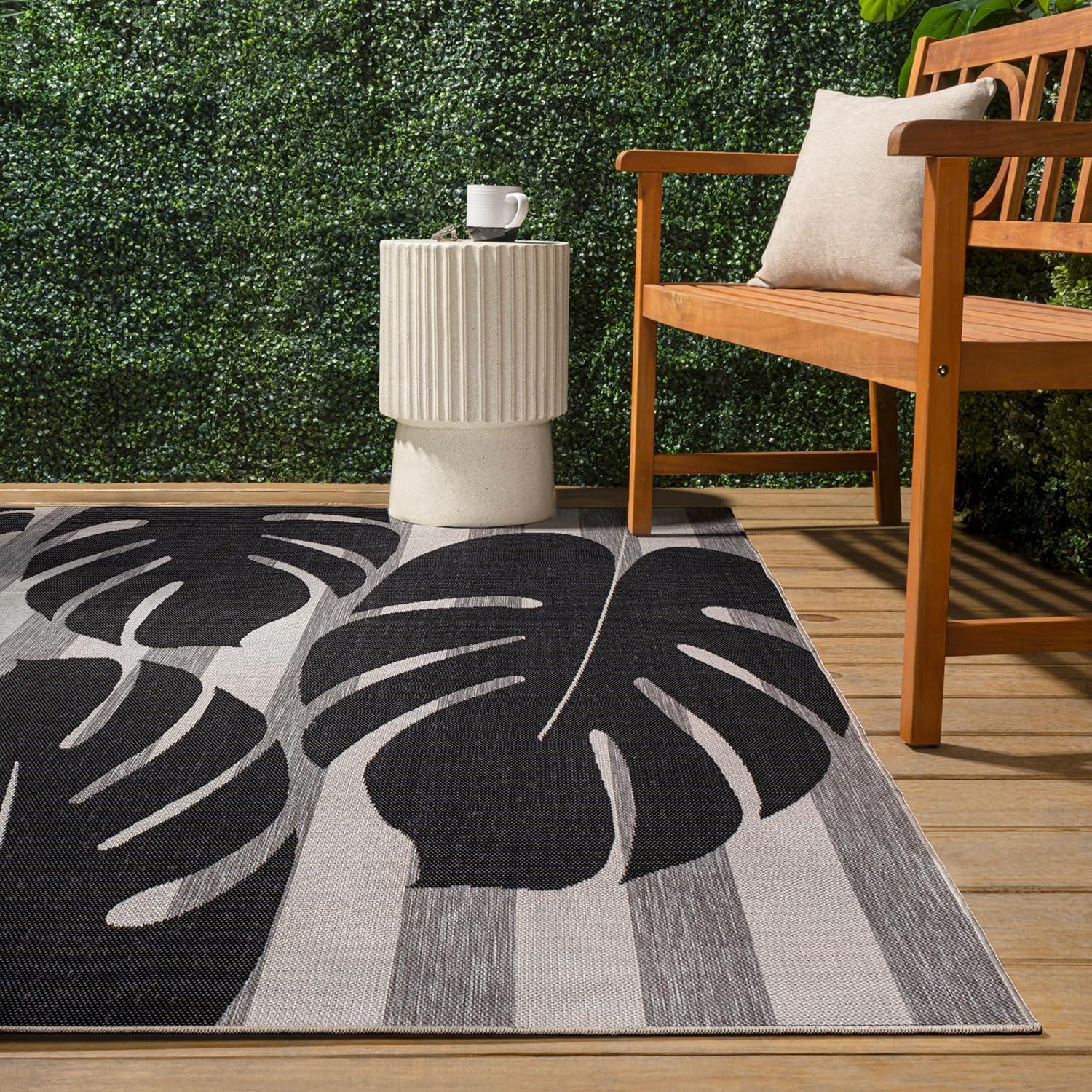 imageJONATHAN Y Beach Stripe and Monstera Leaf Indoor Outdoor Area Rug 8X10 BlackGray Allison Classic for Backyard Patio Porch EasyCleaning High Traffic PetFriendly NonShedding TSN400B8BlackGray