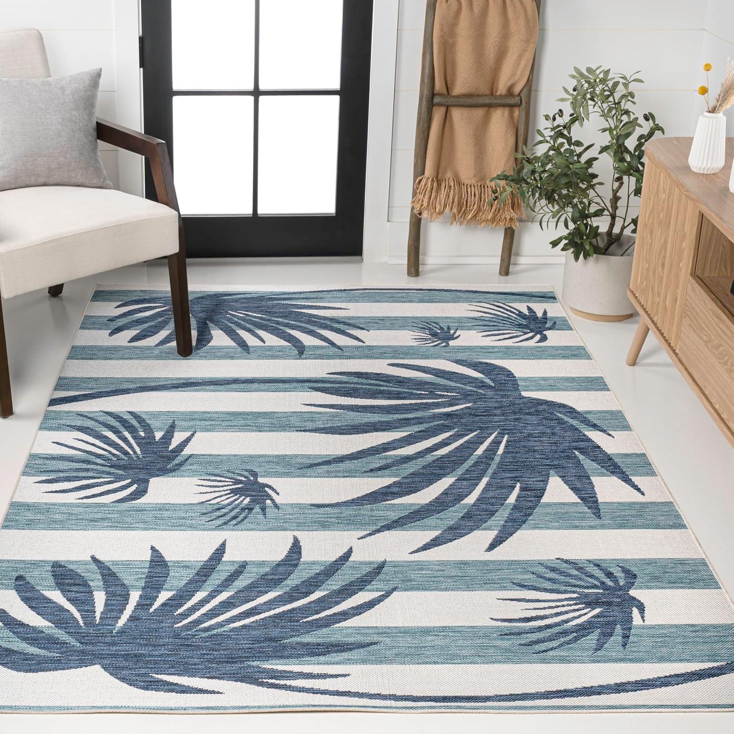 imageJONATHAN Y Beach Stripe and Palm Leaf Indoor Outdoor Area Rug 8X10 NavyCream Veronica Classic for Backyard Patio Porch EasyCleaning High Traffic PetFriendly NonShedding TSN402B8NavyCream