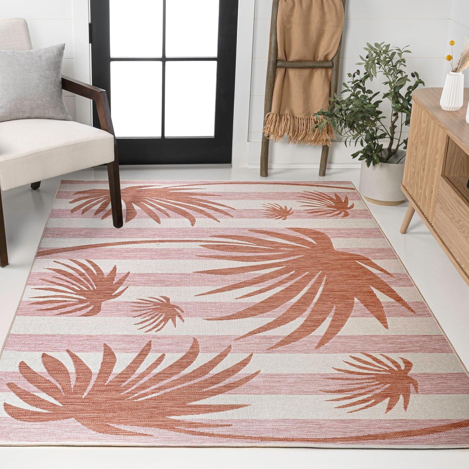 imageJONATHAN Y Beach Stripe and Palm Leaf Indoor Outdoor Area Rug 8X10 NavyCream Veronica Classic for Backyard Patio Porch EasyCleaning High Traffic PetFriendly NonShedding TSN402B8PinkCream