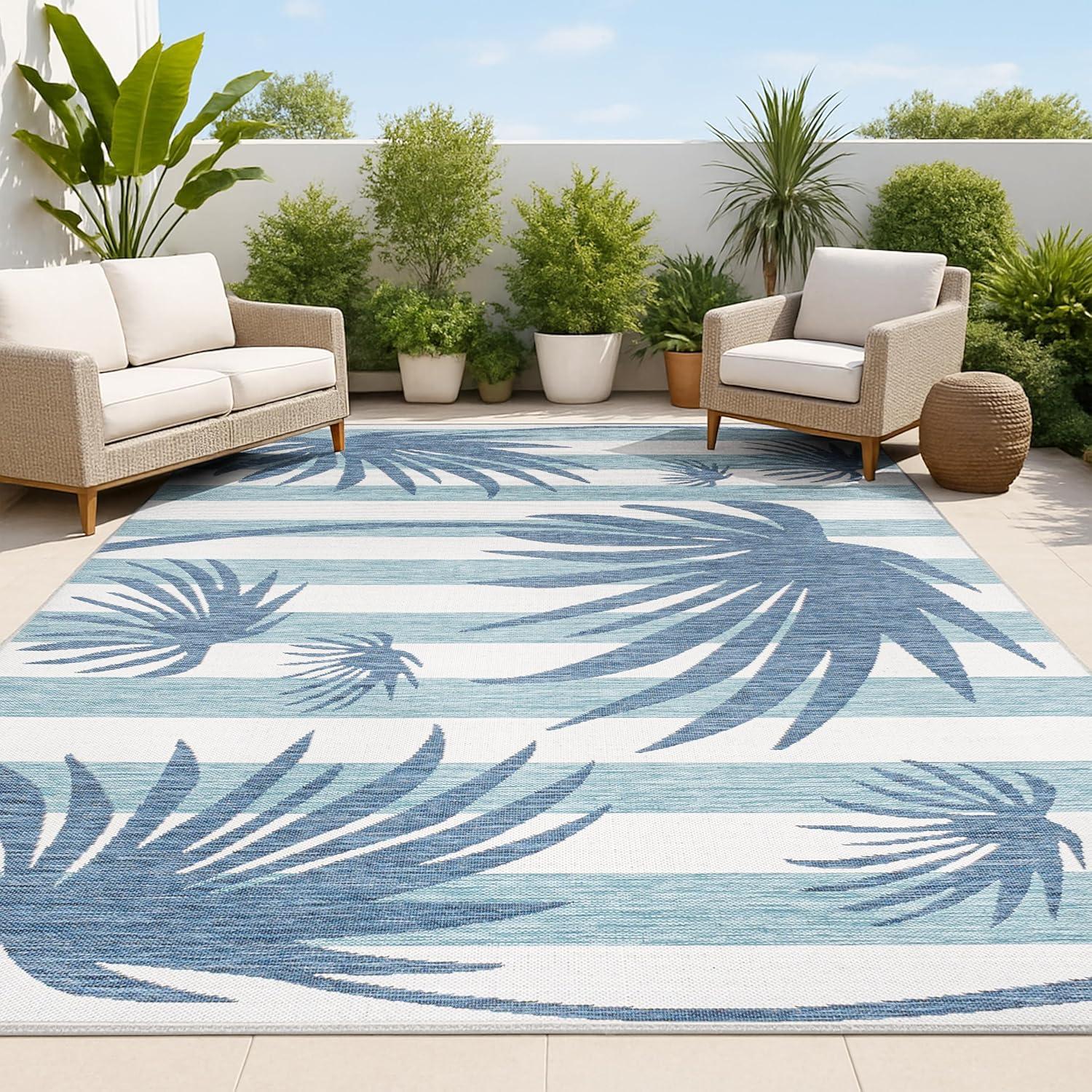 imageJONATHAN Y Beach Stripe and Palm Leaf Indoor Outdoor Area Rug 8X10 NavyCream Veronica Classic for Backyard Patio Porch EasyCleaning High Traffic PetFriendly NonShedding TSN402B8NavyCream