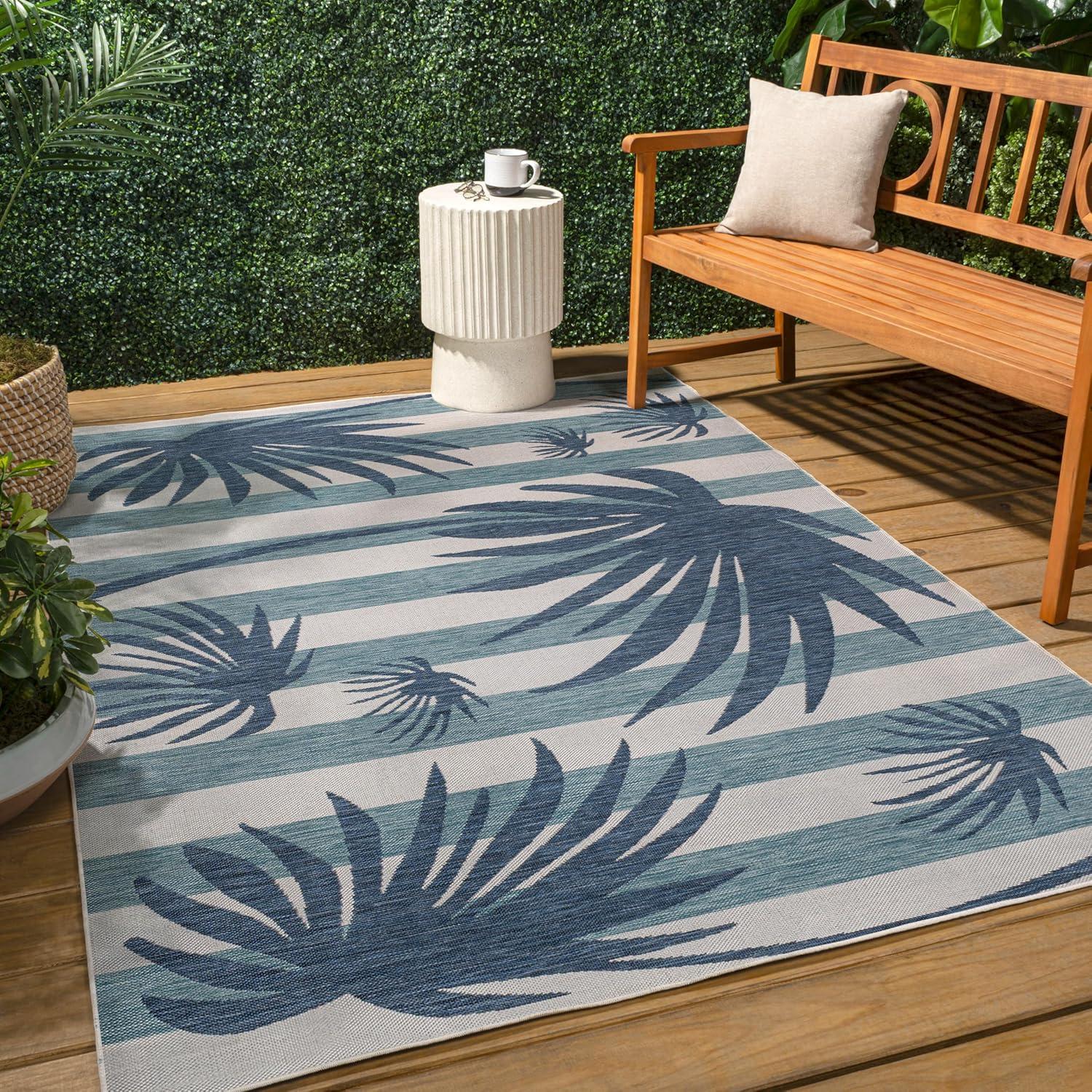 imageJONATHAN Y Beach Stripe and Palm Leaf Indoor Outdoor Area Rug 8X10 NavyCream Veronica Classic for Backyard Patio Porch EasyCleaning High Traffic PetFriendly NonShedding TSN402B8NavyCream