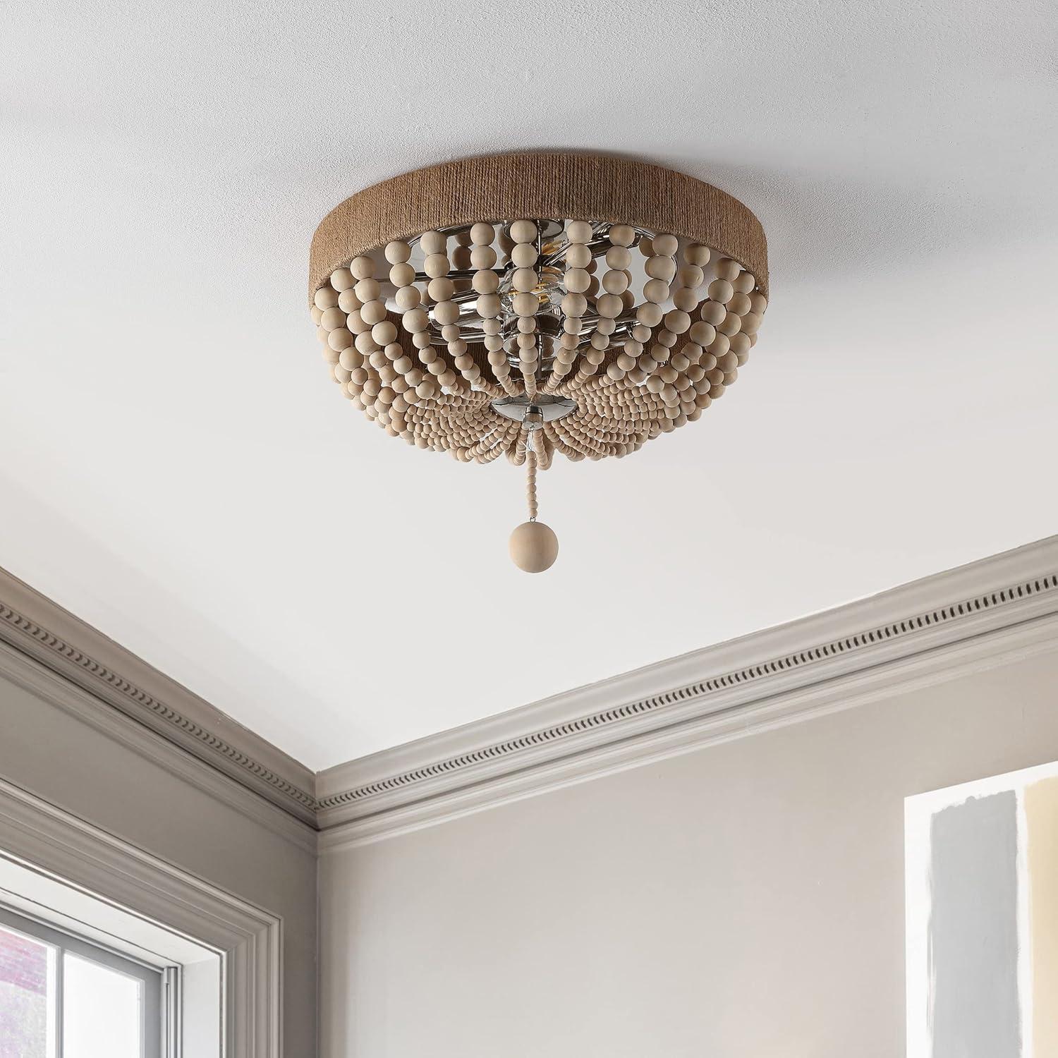 imageJONATHAN Y JYL1307A Justina Wood Bead 14quot 2Light Farmhouse Bohemian Iron LED Flush Mount Rustic Coastal 2700K Cozy Warm Light Kitchen Hallway Bathroom Stairwell Entryway Foyer Light TaupeChrome