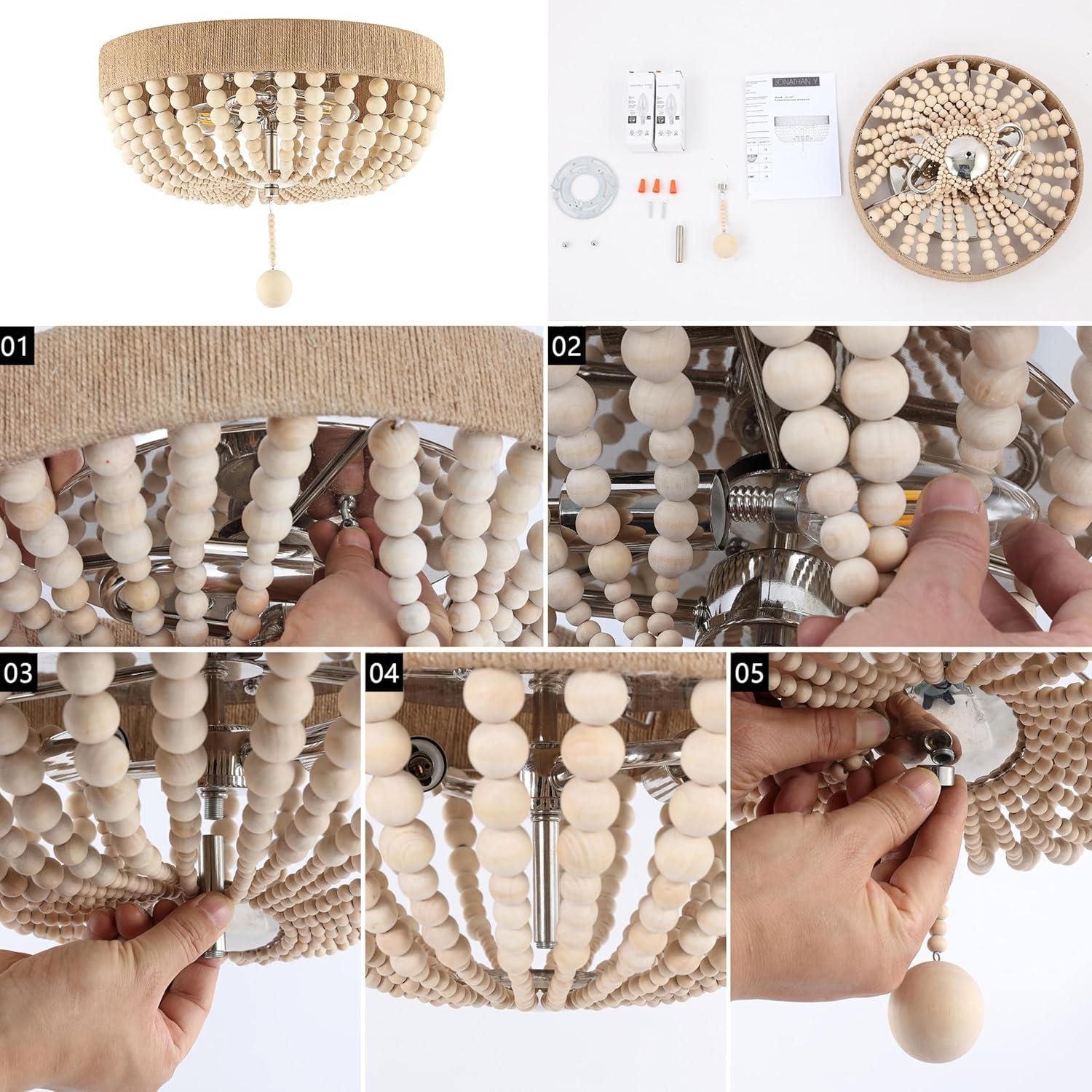 imageJONATHAN Y JYL1307A Justina Wood Bead 14quot 2Light Farmhouse Bohemian Iron LED Flush Mount Rustic Coastal 2700K Cozy Warm Light Kitchen Hallway Bathroom Stairwell Entryway Foyer Light TaupeChrome