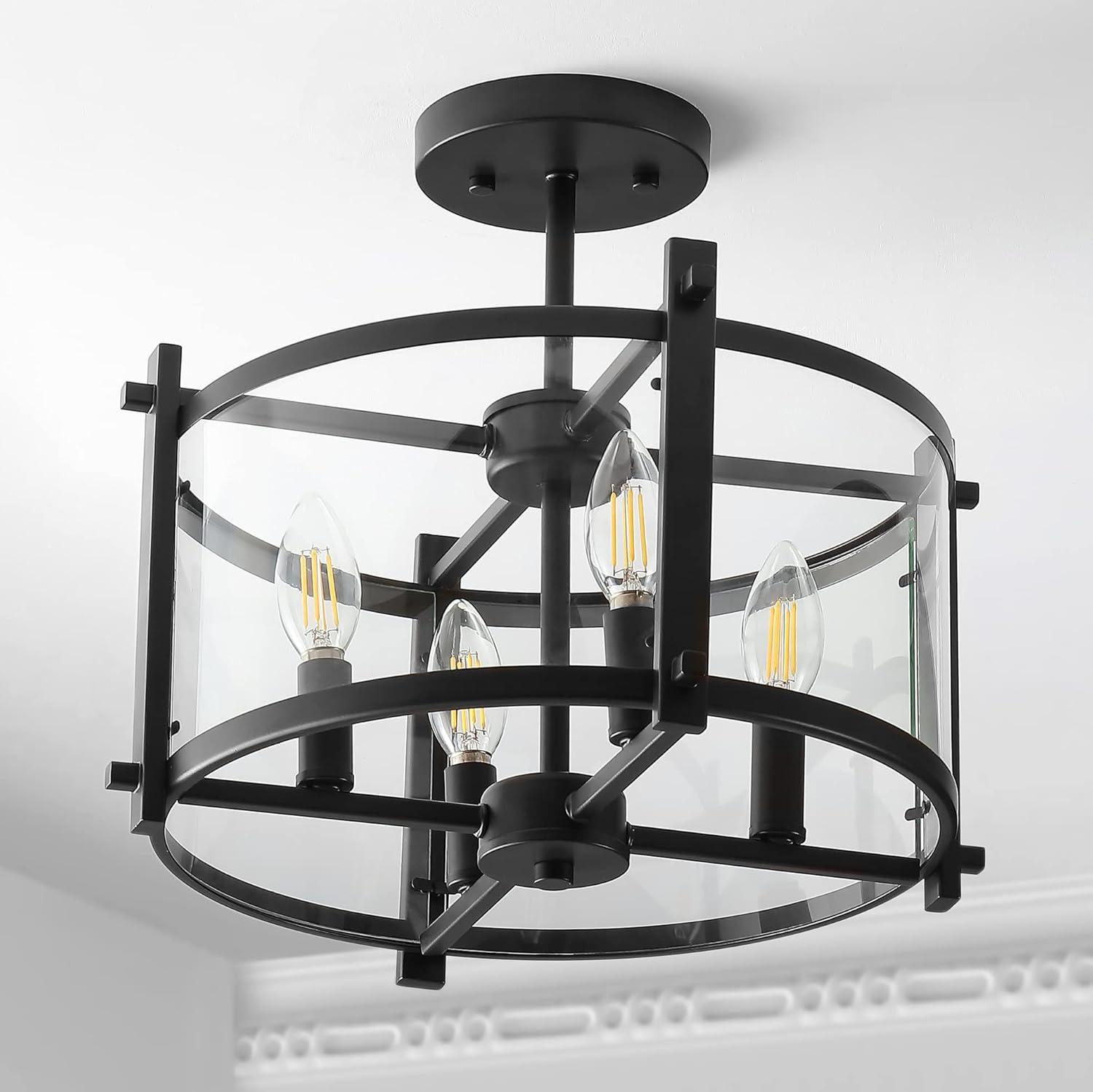 imageJONATHAN Y JYL6700A Hampdon 15quot IronGlass Modern Drum LED Flush MountCottageFarmhouse Industrial Rustic Dimmable 2700K Warm Light Dining Room Kitchen Living Room Oil Rubbed BronzeClear