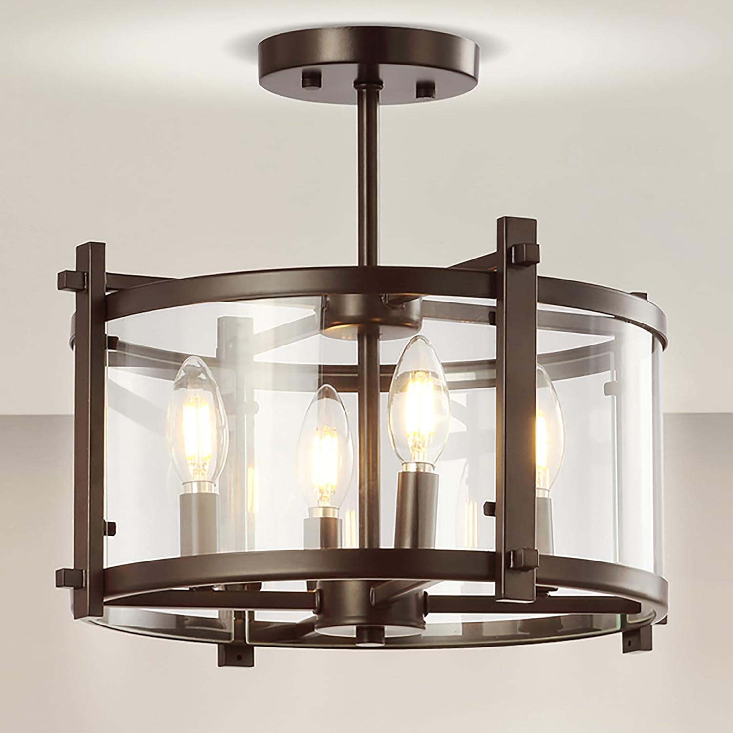 imageJONATHAN Y JYL6700A Hampdon 15quot IronGlass Modern Drum LED Flush MountCottageFarmhouse Industrial Rustic Dimmable 2700K Warm Light Dining Room Kitchen Living Room Oil Rubbed BronzeClear