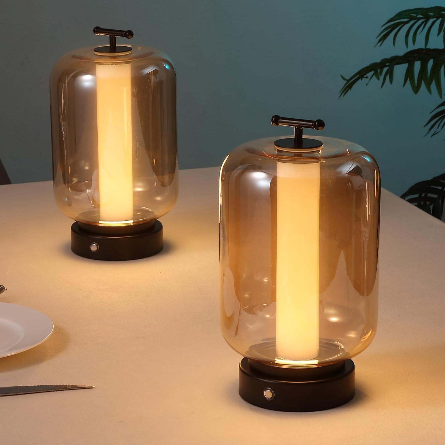 imageJONATHAN Y JYL7160ASET2 Milou 1075quot Vintage Glam Lantern RechargeableCordless Dimmable Integrated LED Table Lamp with Touch Sensor Bedroom Living Room Office Dining Room GoldAmber Set of 2BlackAmber