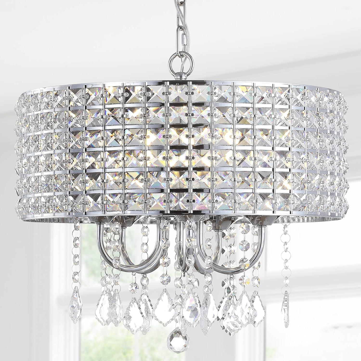 imageJONATHAN Y JYL7468A Reese 17quot MetalCrystal LED Adjustable Drop Pendant Contemporary Glam Dimmable Dining Room Living Room Kitchen Foyer ChromeChrome