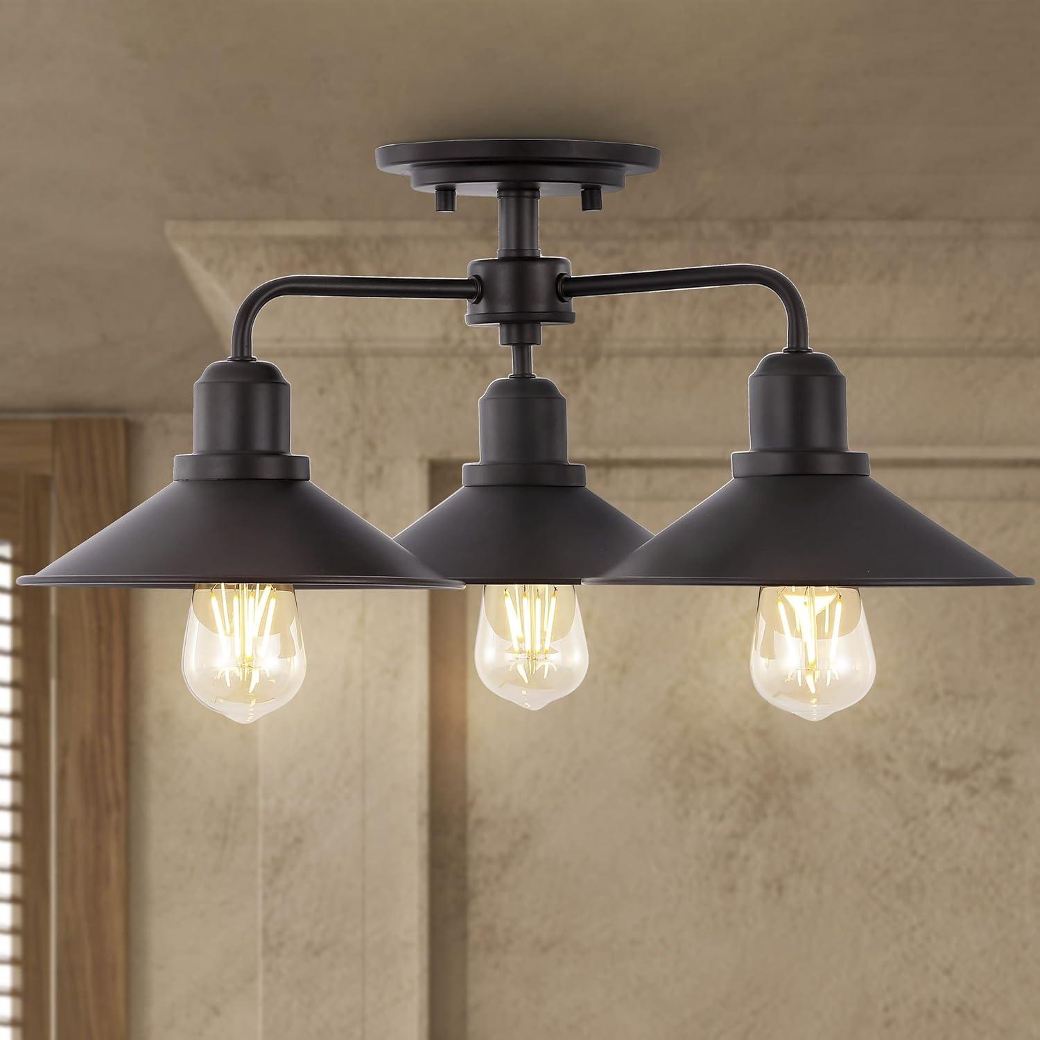 imageJONATHAN Y JYL7498A Calvin 185quot 3Light Iron Industrial LED Semi Flush Mount Classic Farmhouse Contemporary Midcentury Rustic Dimmable Dining Room Living Room Kitchen Foyer Bedroom Oil Rubbed Bronze