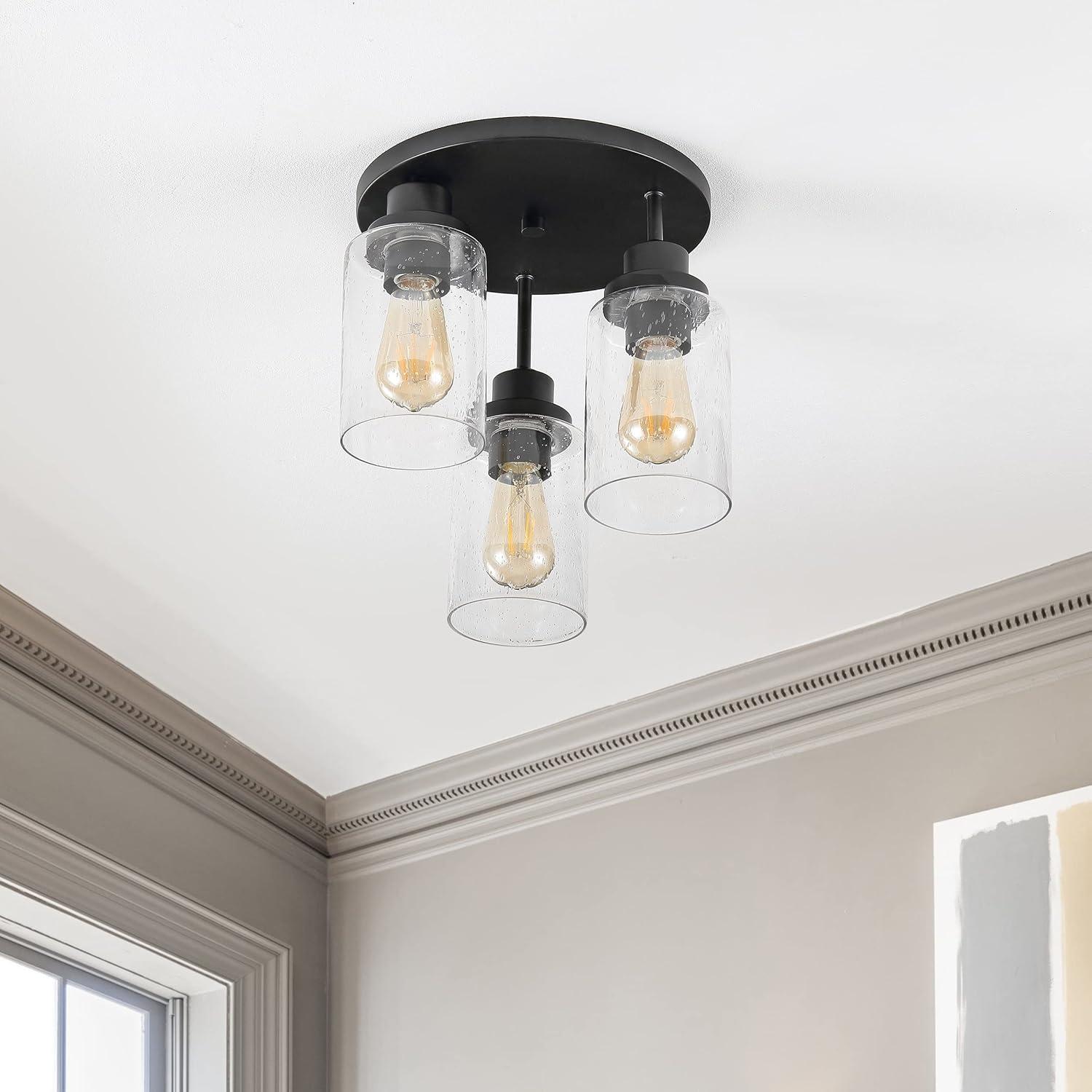 imageJONATHAN Y JYL7556A Jonah 12quot 3Light Bohemian Farmhouse IronSeeded Glass LED Semi Flush Mount Modern Contemporary 2700K Cozy Warm Light Kitchen Hallway Bathroom Bedroom Foyer BlackClear