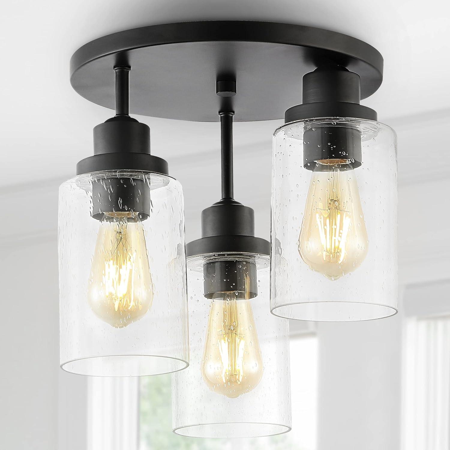imageJONATHAN Y JYL7556A Jonah 12quot 3Light Bohemian Farmhouse IronSeeded Glass LED Semi Flush Mount Modern Contemporary 2700K Cozy Warm Light Kitchen Hallway Bathroom Bedroom Foyer BlackClear