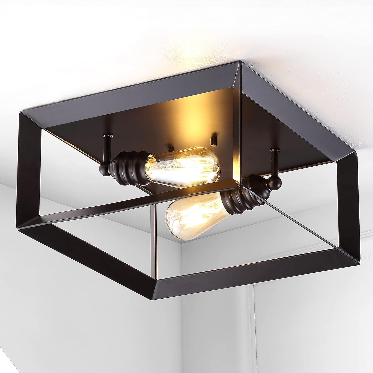 imageJONATHAN Y JYL7563A Marfa Square 13quot 2Light Iron Modern Farmhouse LED Flush Mount Rustic Industrial Dimmable 2700K Cozy Warm Light Kitchen Hallway Bathroom Stairwell Oil Rubbed Bronze