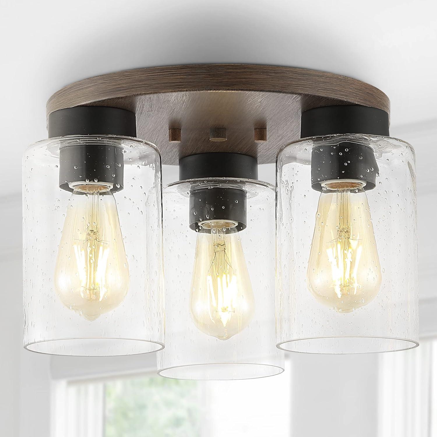 imageJONATHAN Y JYL7564A Nola 13quot 3Light Bohemian Farmhouse IronSeeded Glass LED Semi Flush Mount Modern Contemporary 2700K Cozy Warm Light Kitchen Hallway Bathroom Bedroom Foyer Wood FinishClear