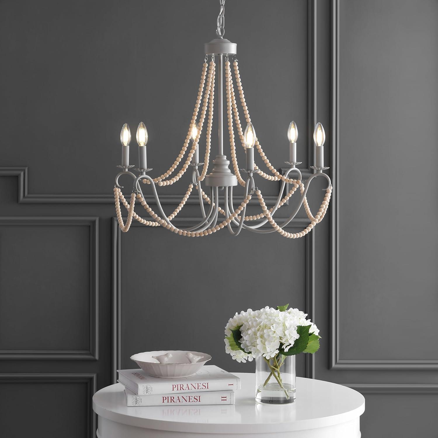 imageJONATHAN Y JYL9060A Rustica 6Light 27quot Adjustable Greige MetalWood Bead LED Chandelier ClassicFrenchCountryGlamTransitional Dimmable for Dining Room Foyer Bedroom GreyNatural