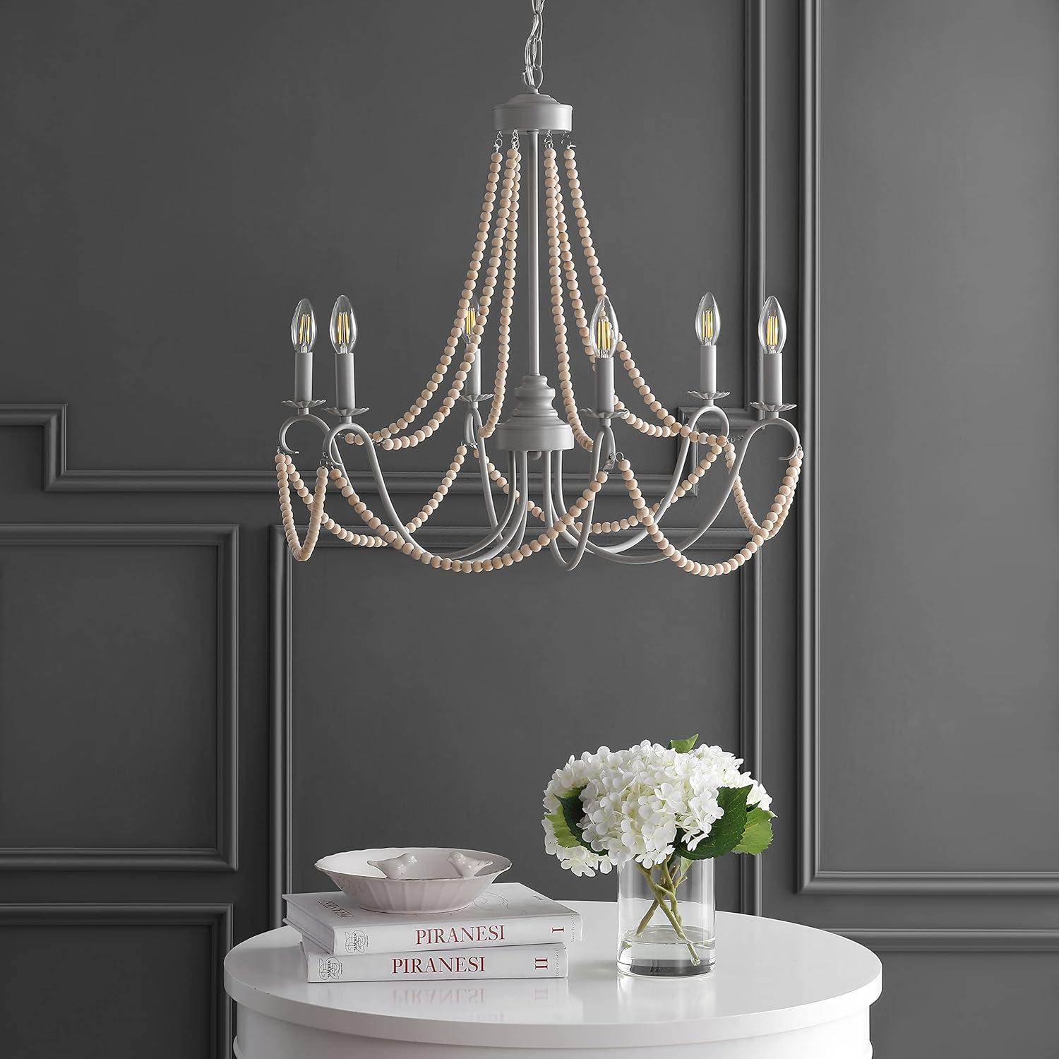 imageJONATHAN Y JYL9060A Rustica 6Light 27quot Adjustable Greige MetalWood Bead LED Chandelier ClassicFrenchCountryGlamTransitional Dimmable for Dining Room Foyer Bedroom GreyNatural