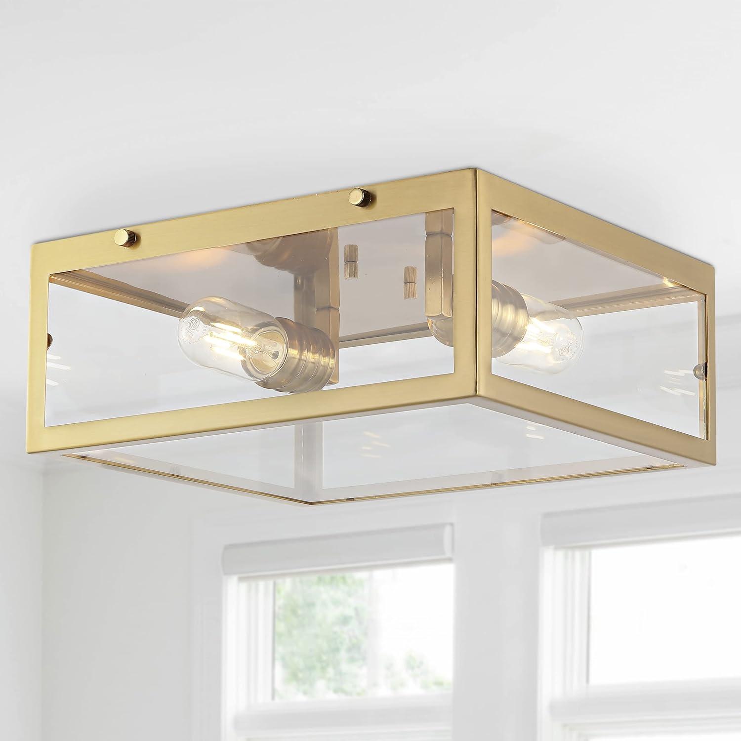 imageJONATHAN Y JYL9501C Grayson 12quot 2Light Bohemian Farmhouse IronGlass LED Flush Mount Transitional Rustic 2700K Cozy Warm Light Kitchen Hallway Bathroom Stairwell Entryway Foyer Brass GoldClearBrass Gold