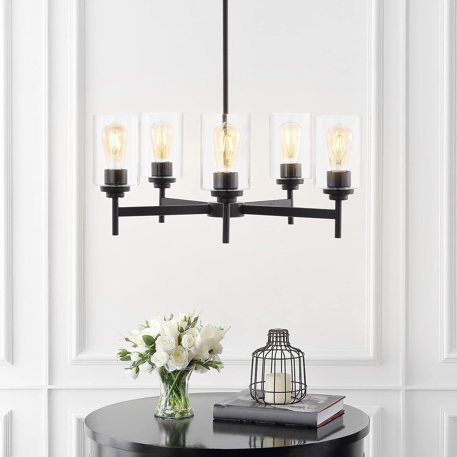imageJONATHAN Y JYL9546A Orpheus 24quot 5Light Farmhouse Industrial Iron Cylinder LED Chandelier Modern Transitional Adjustable Dining Room Living Room Kitchen Island Foyer Oil Rubbed BronzeClear