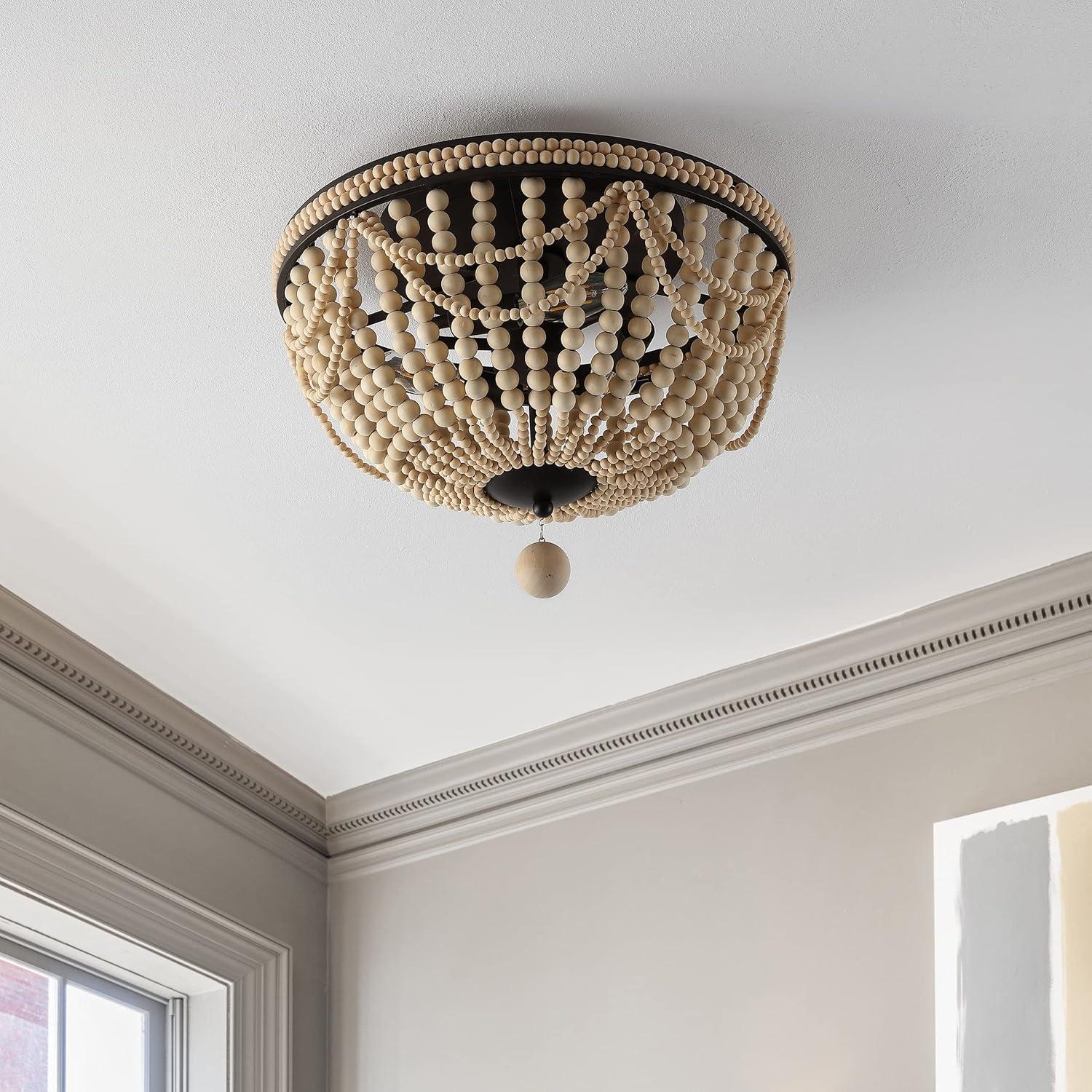 imageJONATHAN Y JYL9903A Dune Wood Bead 1525quot 3Light Bohemian Farmhouse Iron LED Semi Flush Mount Transitional Rustic Kitchen Hallway Bathroom Bedroom Entryway Foyer Oil Rubbed BronzeLight Taupe