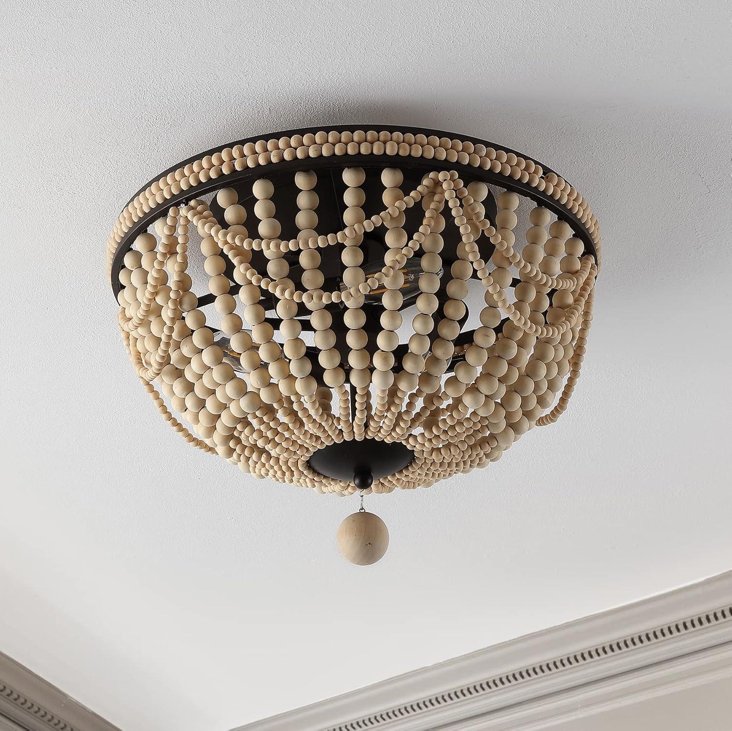 imageJONATHAN Y JYL9903A Dune Wood Bead 1525quot 3Light Bohemian Farmhouse Iron LED Semi Flush Mount Transitional Rustic Kitchen Hallway Bathroom Bedroom Entryway Foyer Oil Rubbed BronzeLight Taupe