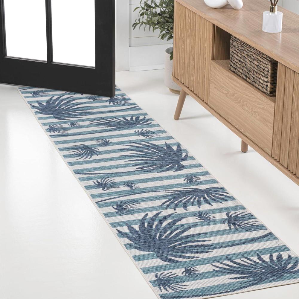 imageJONATHAN Y Beach Stripe and Palm Leaf Indoor Outdoor Area Rug 8X10 NavyCream Veronica Classic for Backyard Patio Porch EasyCleaning High Traffic PetFriendly NonShedding TSN402B8NavyCream