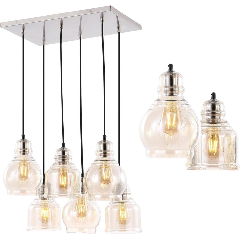 imageJONATHAN Y JYL1121A Sydney 1888quot 6Light Bohemian Farmhouse IronGlass Cluster LED Pendant Rustic Industrial Adjustable Dining Room Living Room Kitchen Island Foyer Bedroom Hallway NickelChampagne