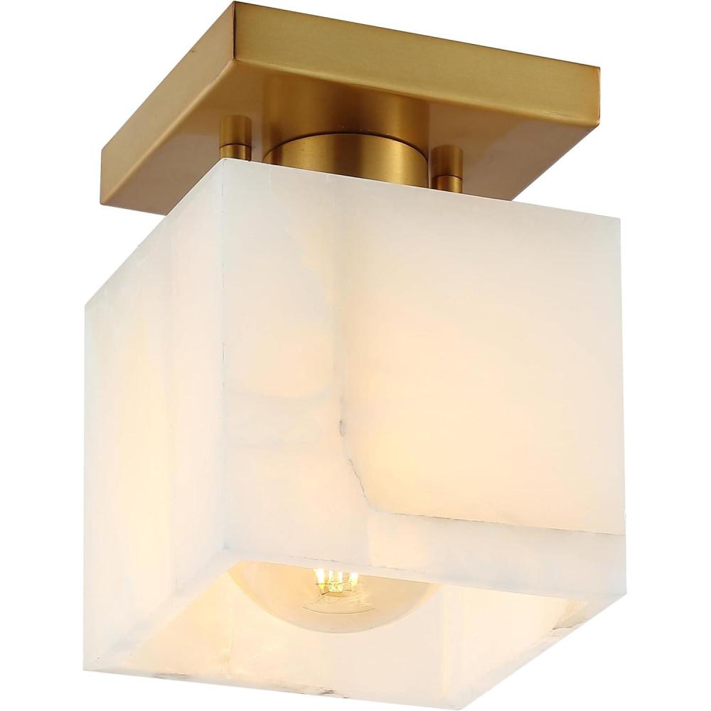 imageJONATHAN Y JYL1203A Chiara 8quot 1Light Modern Contemporary AlabasterIron Square LED Semi Flush Mount White MarblingBrass Gold for Hallway Bedroom Bathroom and Closet5 x 5 Square