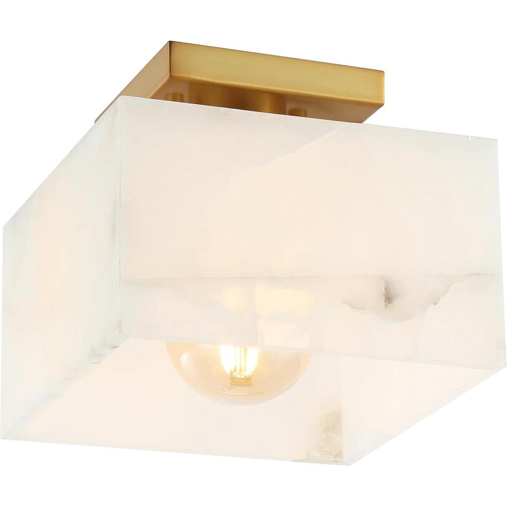 imageJONATHAN Y JYL1203A Chiara 8quot 1Light Modern Contemporary AlabasterIron Square LED Semi Flush Mount White MarblingBrass Gold for Hallway Bedroom Bathroom and Closet10 x 10 Square