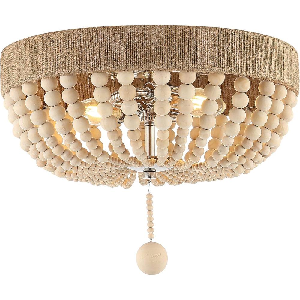 imageJONATHAN Y JYL1307A Justina Wood Bead 14quot 2Light Farmhouse Bohemian Iron LED Flush Mount Rustic Coastal 2700K Cozy Warm Light Kitchen Hallway Bathroom Stairwell Entryway Foyer Light TaupeChrome