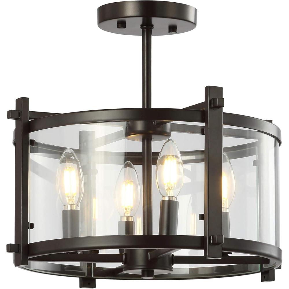 imageJONATHAN Y JYL6700A Hampdon 15quot IronGlass Modern Drum LED Flush MountCottageFarmhouse Industrial Rustic Dimmable 2700K Warm Light Dining Room Kitchen Living Room Oil Rubbed BronzeClear