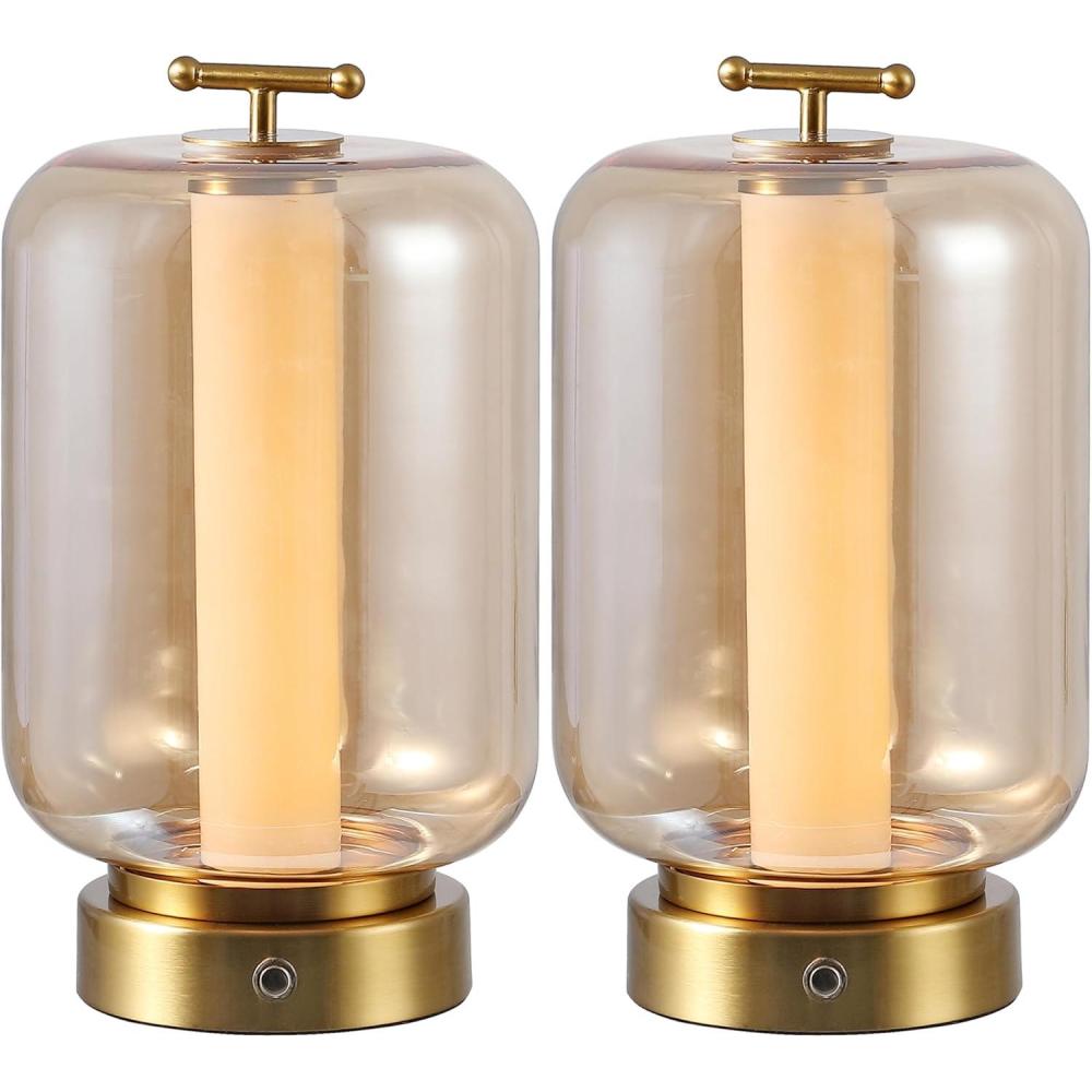 imageJONATHAN Y JYL7160ASET2 Milou 1075quot Vintage Glam Lantern RechargeableCordless Dimmable Integrated LED Table Lamp with Touch Sensor Bedroom Living Room Office Dining Room GoldAmber Set of 2Brass GoldAmber