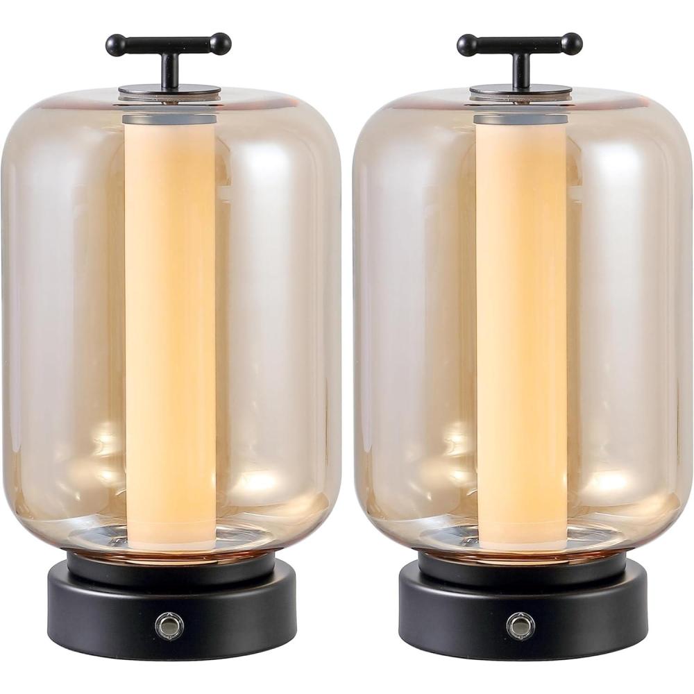 imageJONATHAN Y JYL7160ASET2 Milou 1075quot Vintage Glam Lantern RechargeableCordless Dimmable Integrated LED Table Lamp with Touch Sensor Bedroom Living Room Office Dining Room GoldAmber Set of 2BlackAmber