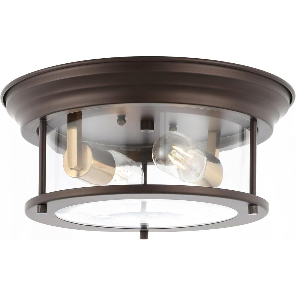 imageJONATHAN Y JYL7446D Lauren 1325quot 2Light MetalGlass LED Flush Mount Farmhouse Transitional Glam Industrial Office Living Room Family Room Dining Room Bedroom Hallway Foyer BlackOil Rubbed BronzeBrass Gold