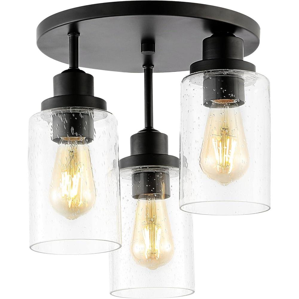 imageJONATHAN Y JYL7556A Jonah 12quot 3Light Bohemian Farmhouse IronSeeded Glass LED Semi Flush Mount Modern Contemporary 2700K Cozy Warm Light Kitchen Hallway Bathroom Bedroom Foyer BlackClear