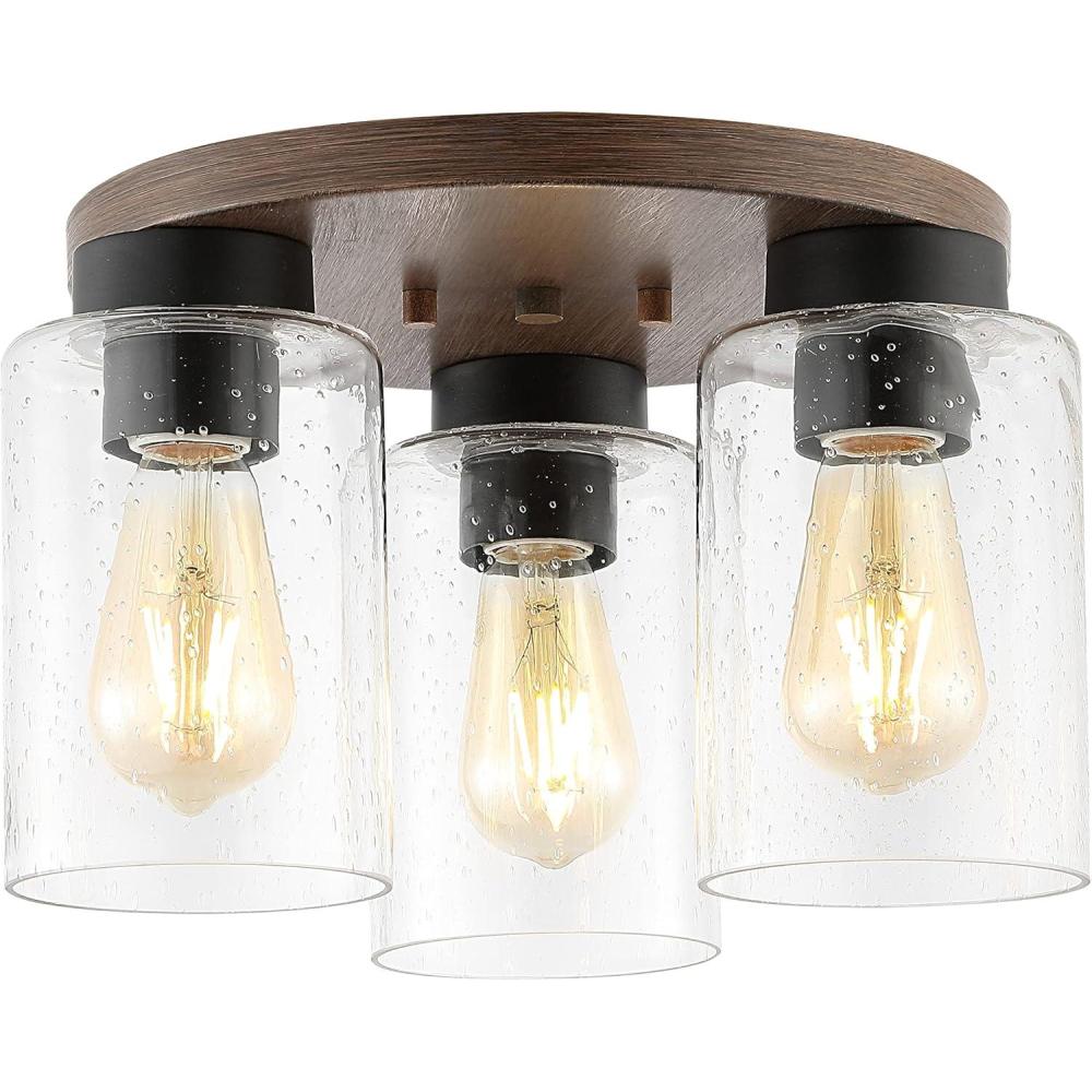 imageJONATHAN Y JYL7564A Nola 13quot 3Light Bohemian Farmhouse IronSeeded Glass LED Semi Flush Mount Modern Contemporary 2700K Cozy Warm Light Kitchen Hallway Bathroom Bedroom Foyer Wood FinishClear