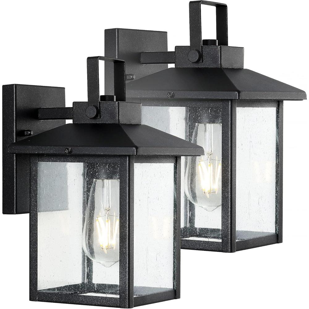 imageJONATHAN Y JYL7608ASET2 Bungalow 675quot 1Light IronSeeded Glass Rustic Traditional Lantern LED Outdoor Lantern Classic Cottage Transitional Patio Porch Doorway Entryway Black Set of 2
