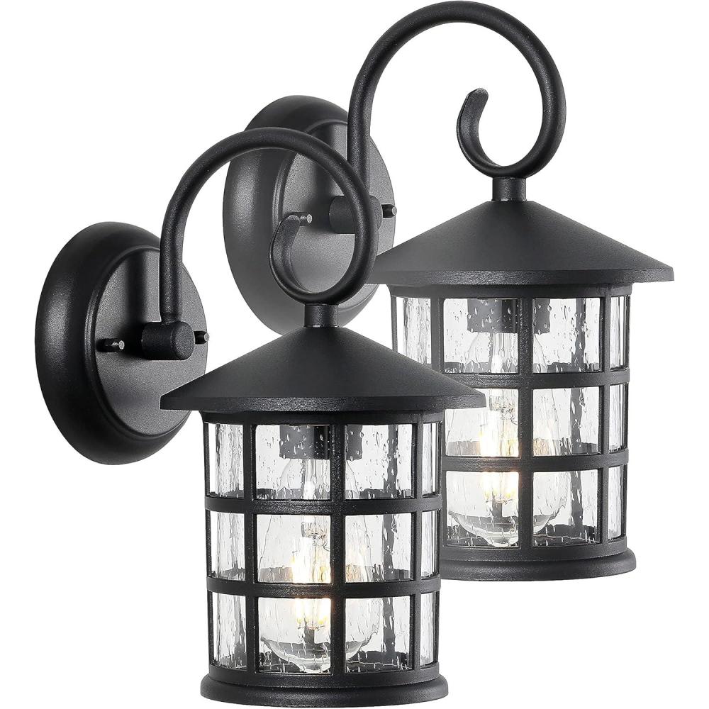 imageJONATHAN Y JYL7609ASET2 Cadiz 6quot 1Light IronSeeded Glass Cottage Rustic Scrolled Lantern LED Outdoor Lantern Classic Cottage Traditional Transitional Patio Porch Doorway Entryway Black Set of 2