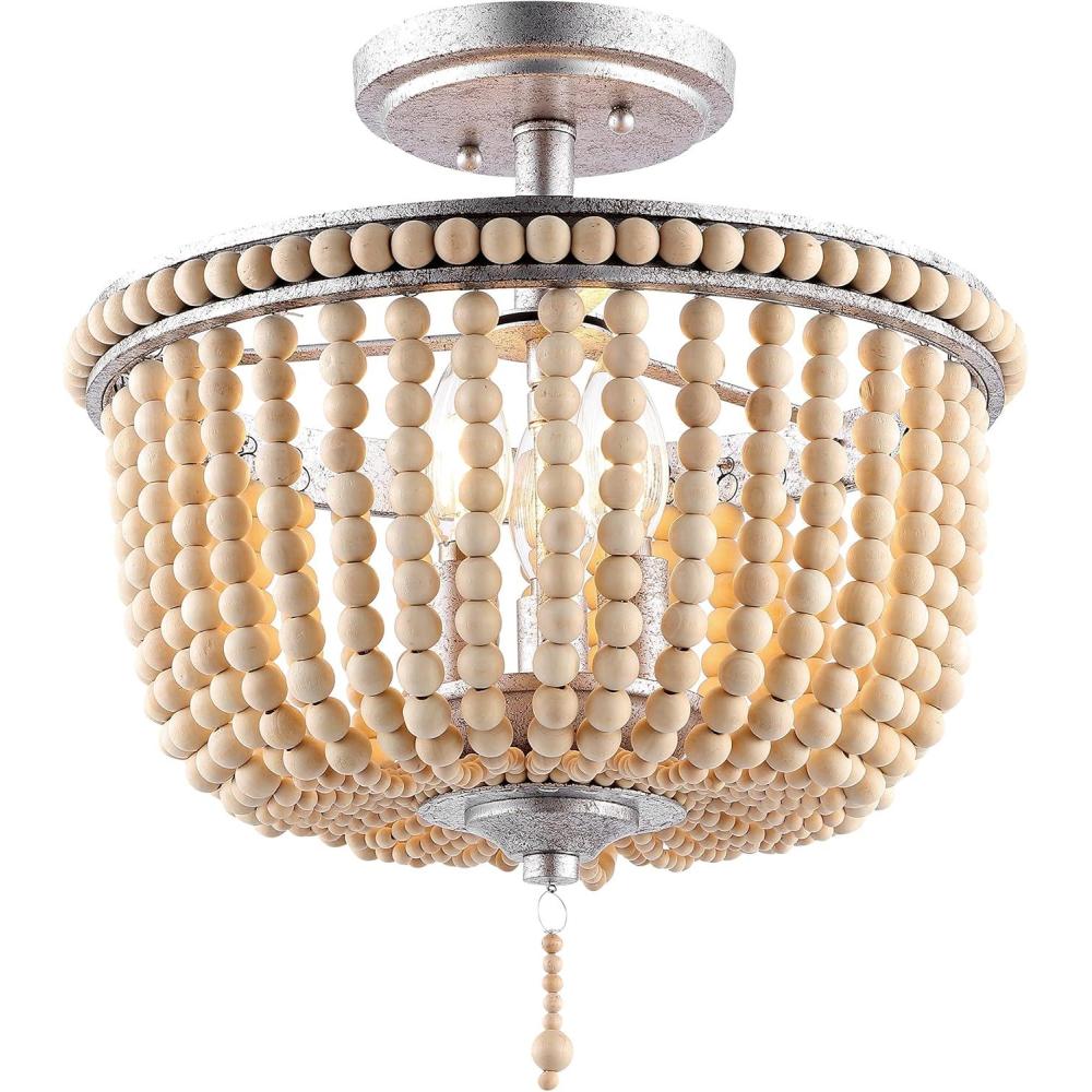 imageJONATHAN Y JYL9020B Allie 14quot 3Light Bohemian Farmhouse Wood BeadIron LED Semi Flush Mount Transitional Rustic Kitchen Hallway Bathroom Bedroom Entryway Foyer Antique SilverLight TaupeAntique SilverLight Taupe