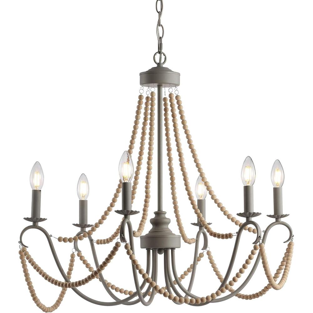 imageJONATHAN Y JYL9060A Rustica 6Light 27quot Adjustable Greige MetalWood Bead LED Chandelier ClassicFrenchCountryGlamTransitional Dimmable for Dining Room Foyer Bedroom GreyNatural