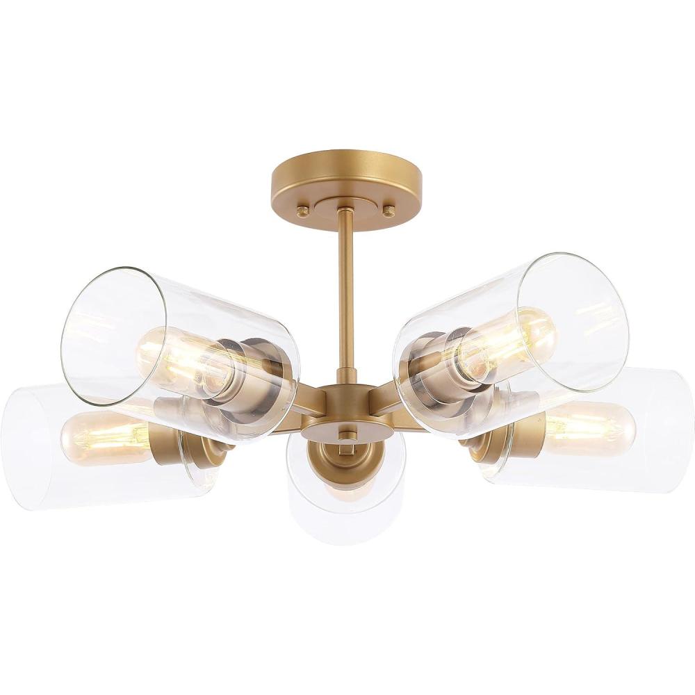 imageJONATHAN Y JYL9544A Jaynie 215quot 5Light Farmhouse Industrial Iron Cylinder LED Semi Flush Mount Modern Transitional Kitchen Hallway Bathroom Bedroom Entryway Foyer Brass GoldClearBrass Gold