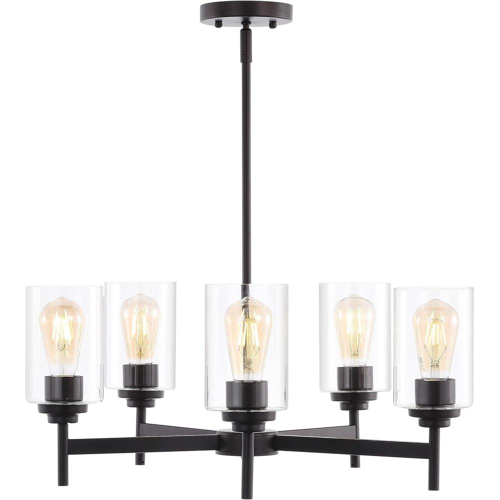 imageJONATHAN Y JYL9546A Orpheus 24quot 5Light Farmhouse Industrial Iron Cylinder LED Chandelier Modern Transitional Adjustable Dining Room Living Room Kitchen Island Foyer Oil Rubbed BronzeClear