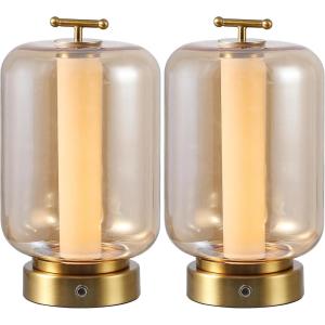 JONATHAN Y JYL7160A-SET2 Milou 10.75″ Vintage Glam Lantern Rechargeable/Cordless Dimmable Integrated LED Table Lamp with Touch Sensor Bedroom, Living Room, Office, Dining Room, Gold/Amber (Set of 2)(Brass Gold/Amber)