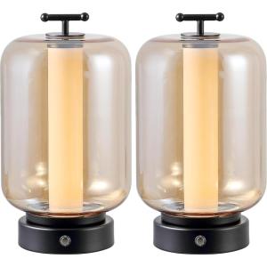 JONATHAN Y JYL7160A-SET2 Milou 10.75″ Vintage Glam Lantern Rechargeable/Cordless Dimmable Integrated LED Table Lamp with Touch Sensor Bedroom, Living Room, Office, Dining Room, Gold/Amber (Set of 2)(Black/Amber)