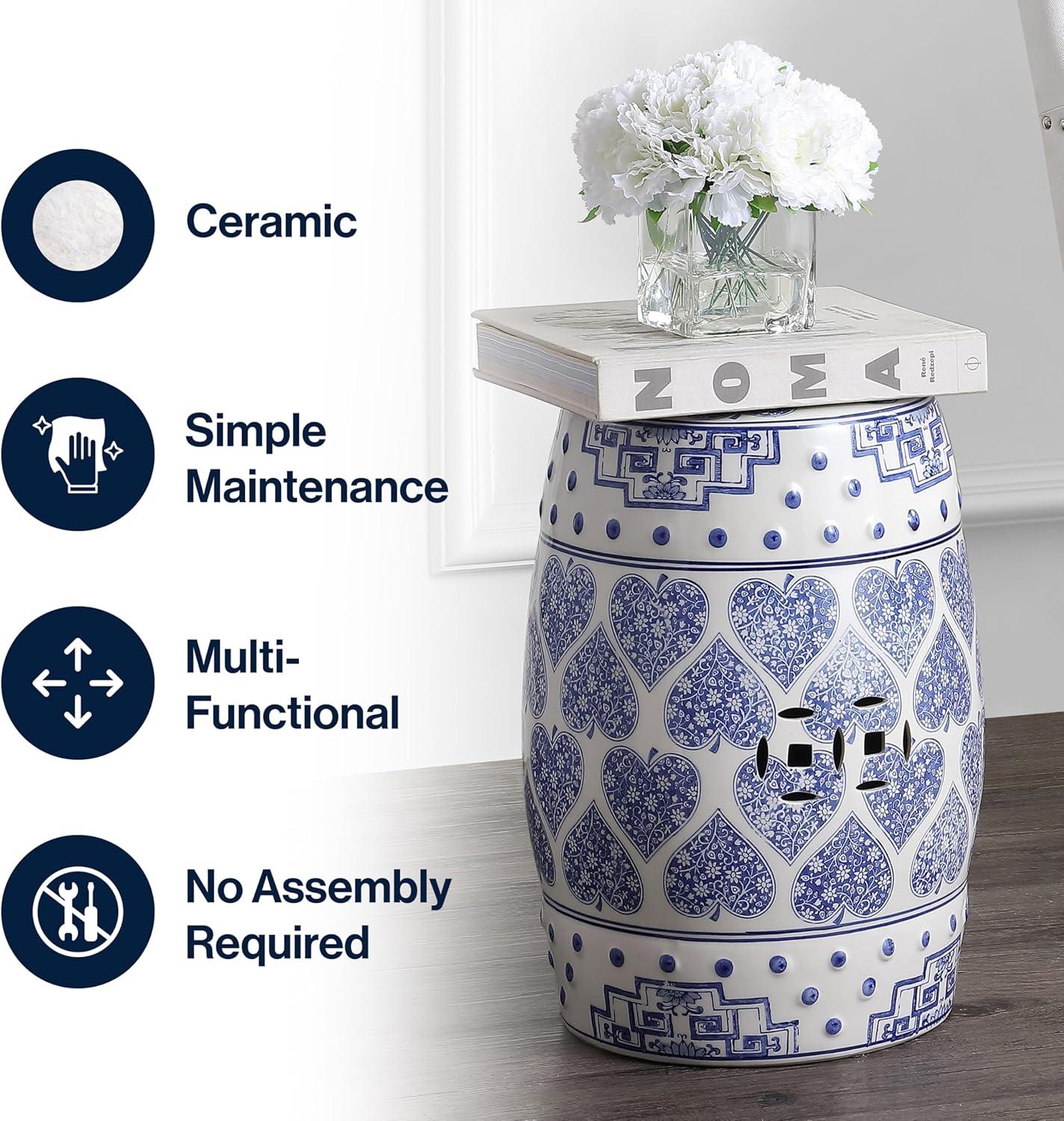 imageJONATHAN Y TBL1014A Happy Hearts 178quot Chinoiserie Ceramic Drum IndoorOutdoor Garden Stool Bohemian Coastal Cottage French Country Traditional Side Table Plant Stand SpillProof BlueWhite